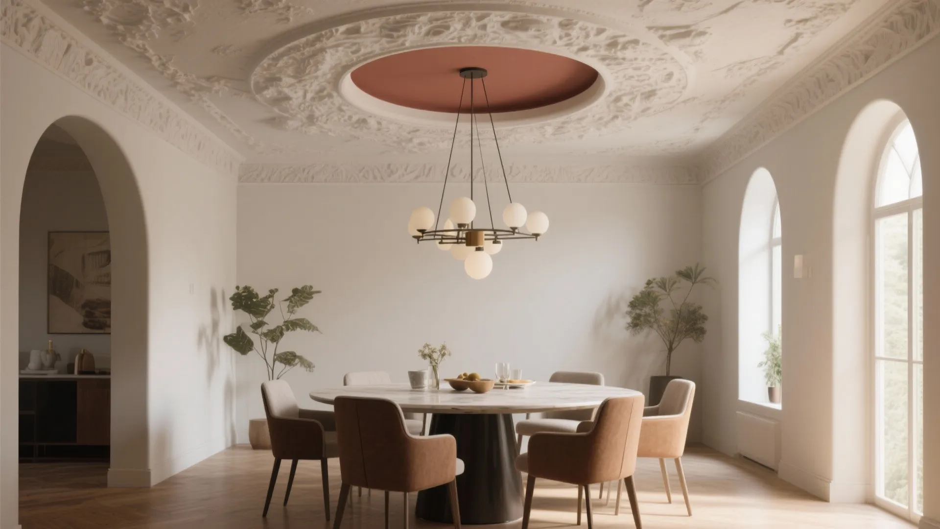 Elegant dining room with round ceiling light fixture white arched windows and wooden floor design