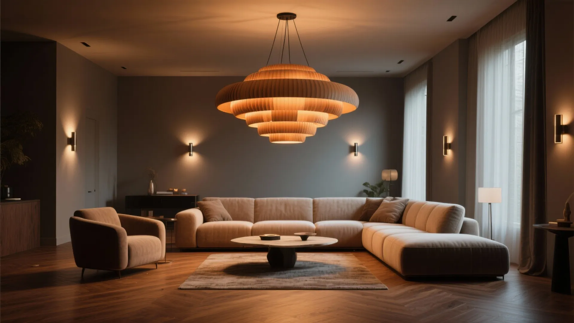 Large layered wooden ceiling light above beige sofa in modern living room and wall lights