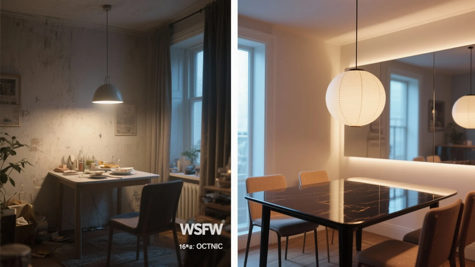Before-and-after: single pendant with mirror and glossy table reflecting light to enlarge a small dining space.