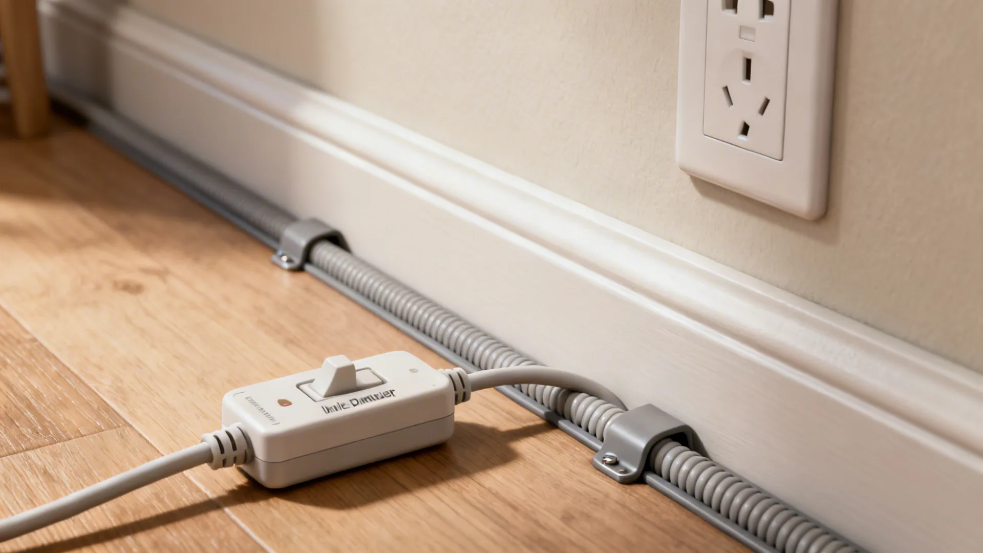 White power cable with switch secured along a wall panel on a light wooden floor