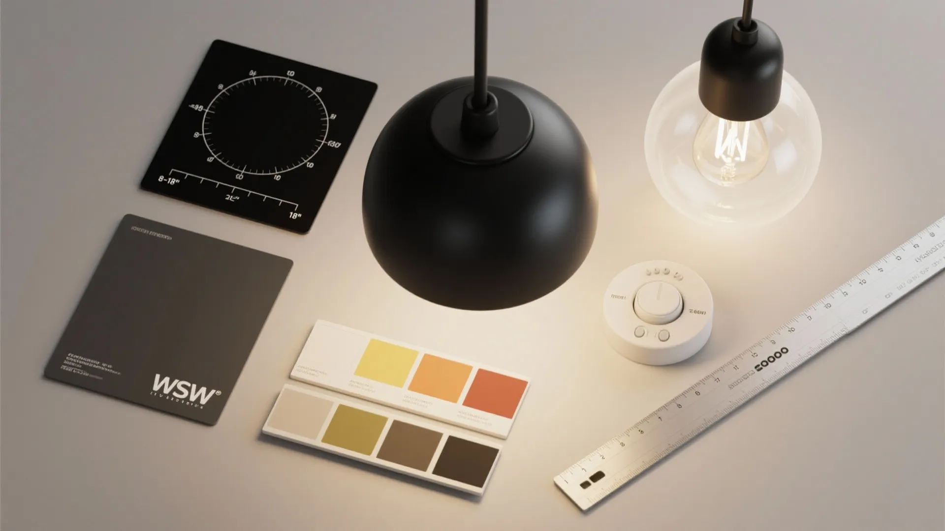 Top-down flatlay of black pendant finish samples, size templates, dimmer and bulb options for planning