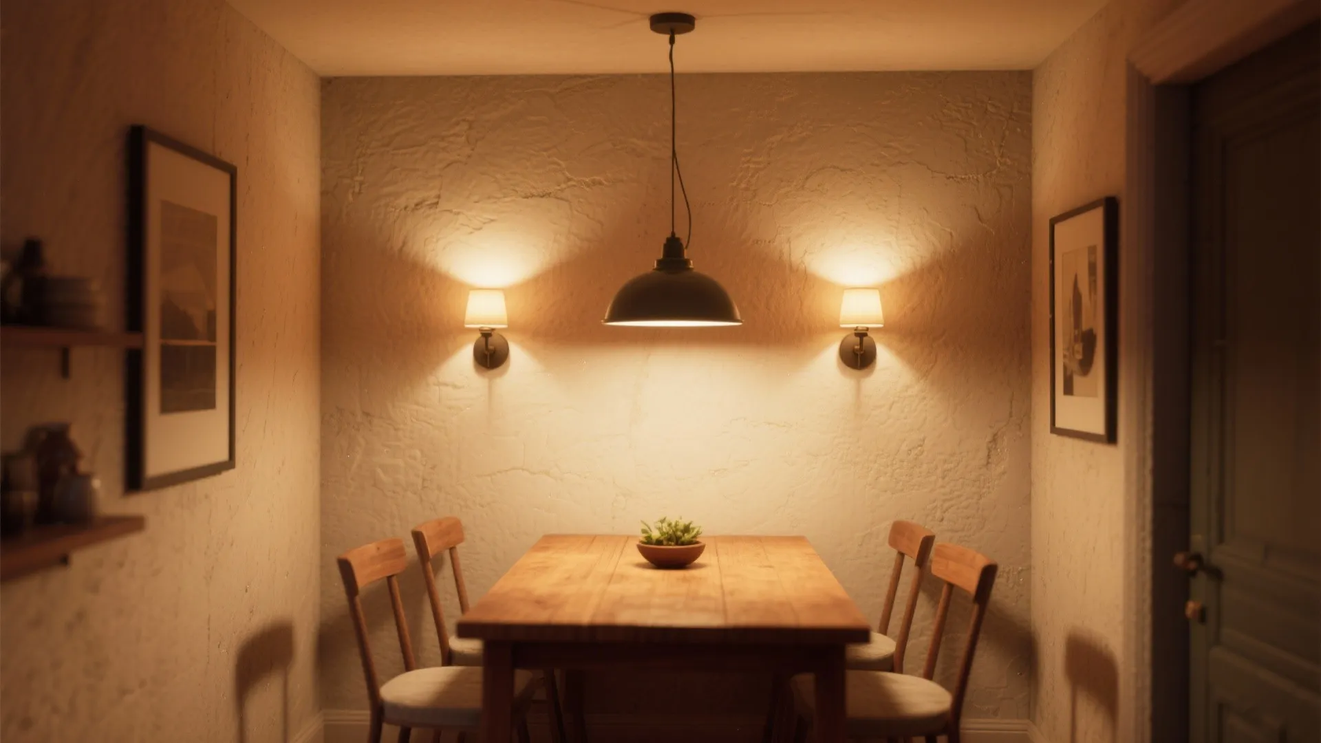 5. Mixed lighting: pendant plus wall sconces