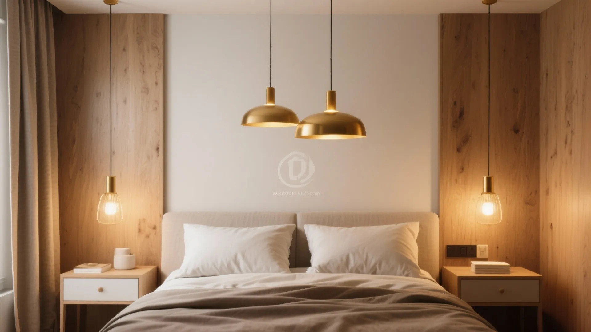 Modern bedroom with gold ceiling lights wooden wall panels side tables and soft warm lighting