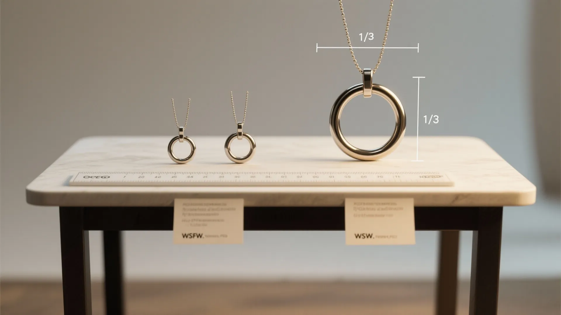 Three different sized metal rings on a marble table showing scale measurements for home decor
