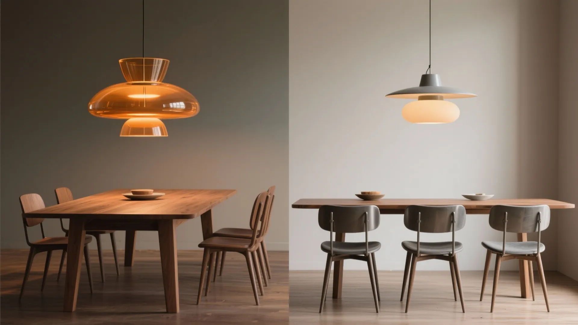 Dining table with a single oversized pendant and a trio alternative to illustrate proper pendant sizing and proportion.