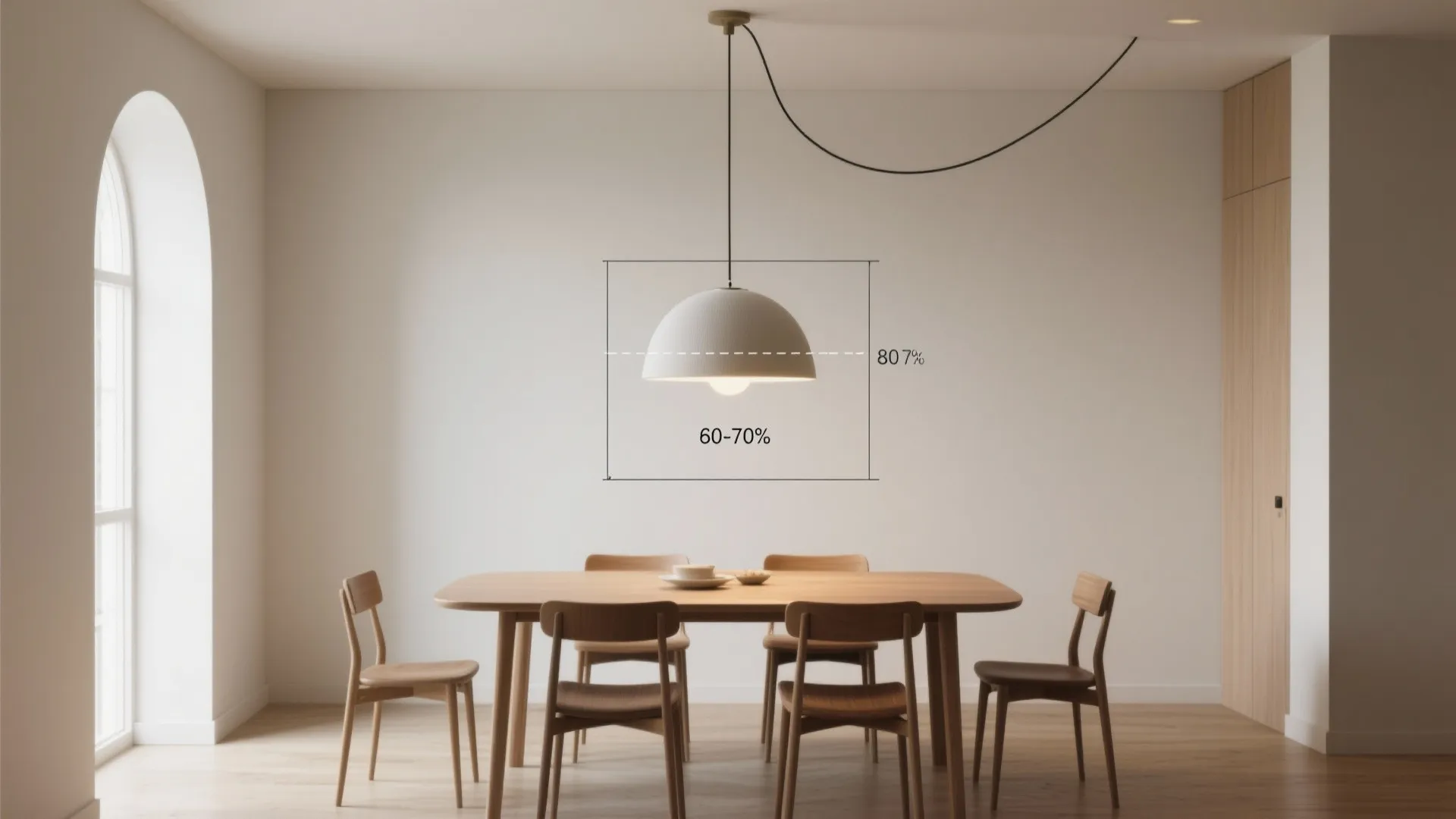Top-down visualization of pendant diameter and placement over a dining table for small spaces.
