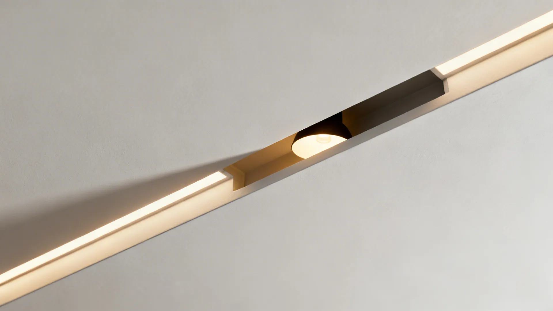 Macro of slim island canopy edge with hidden pendant slot and warm glow.