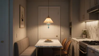 Cozy Kitchen Dining Nook with Marble Countertop & Vintage Lighting