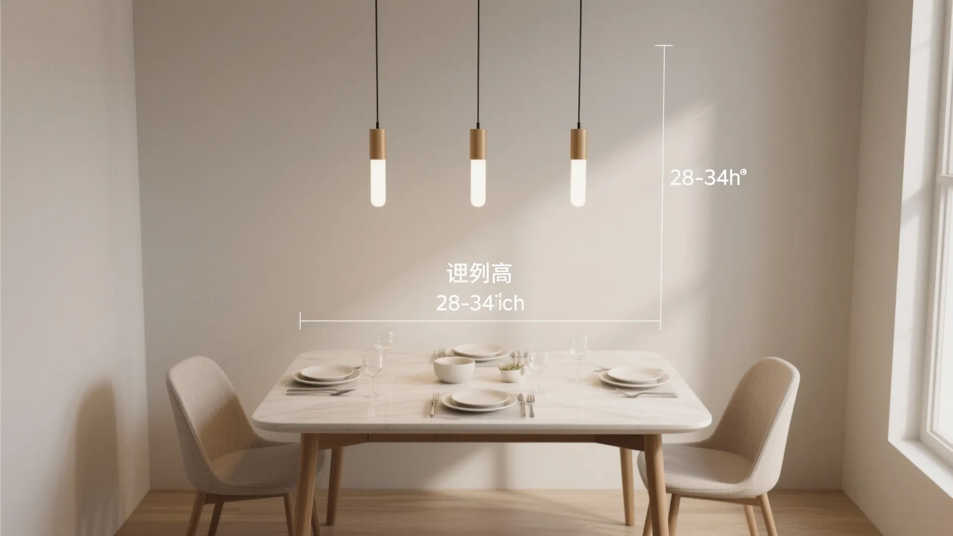 Top-down view showing even spacing of three slim pendants over a small dining table.