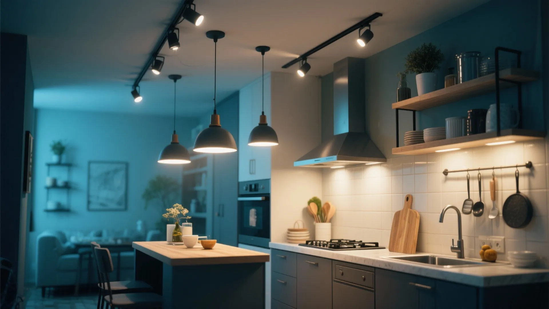 Modern kitchen island featuring three black hanging lights with track lighting on the white ceiling