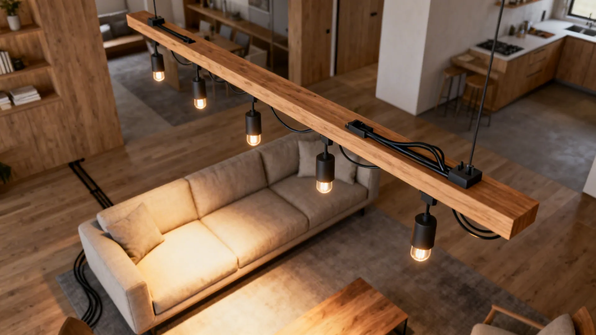 Wooden ceiling light fixture hanging above a beige sofa and rug on wooden floor area