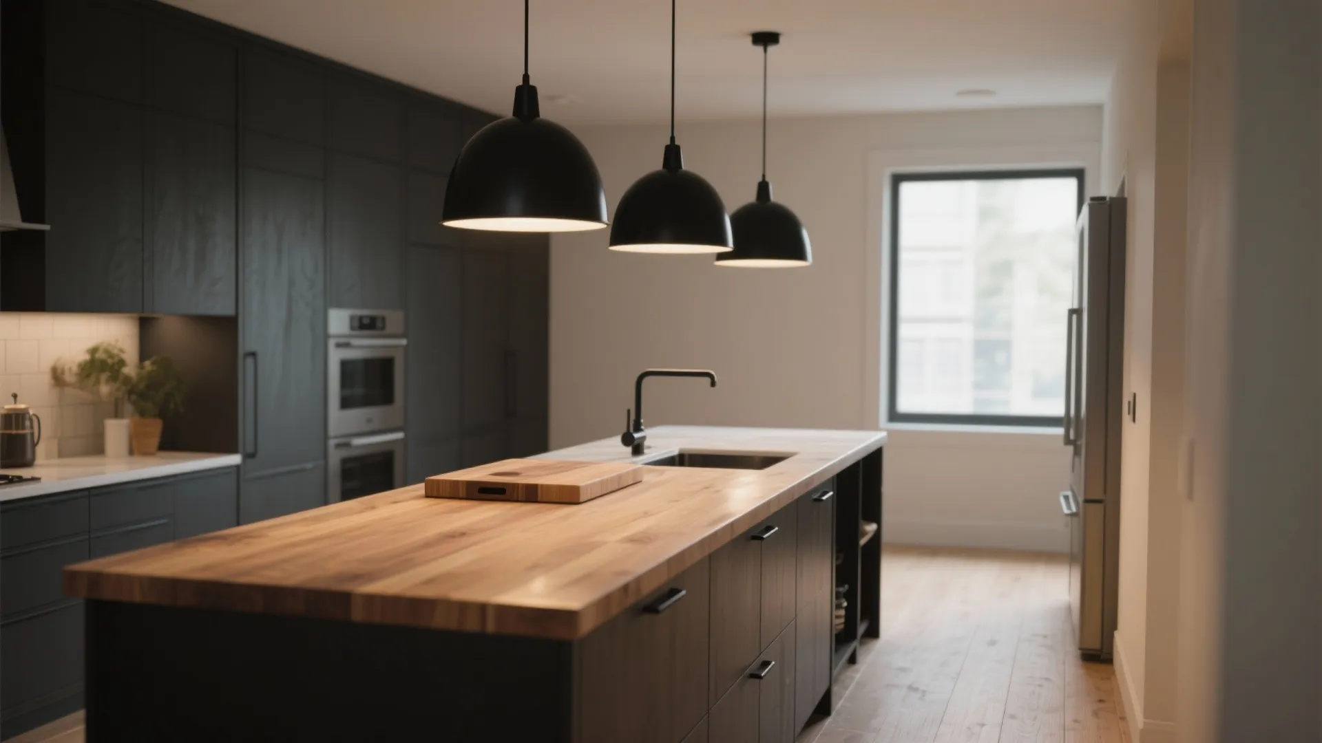 1. Matte black pendant trio over an island