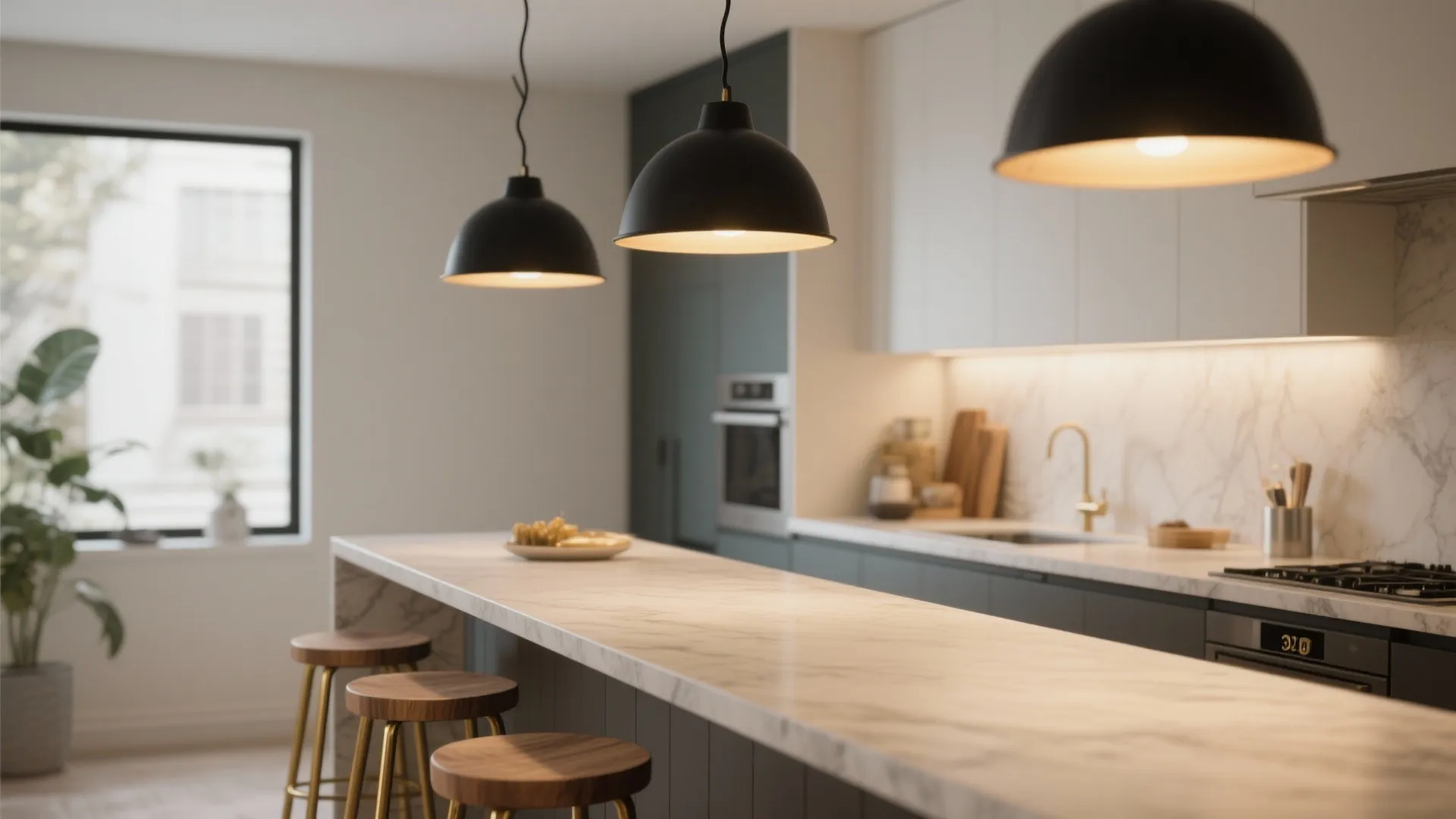 Kitchen island with three black hanging light fixtures and wooden stools in a modern home