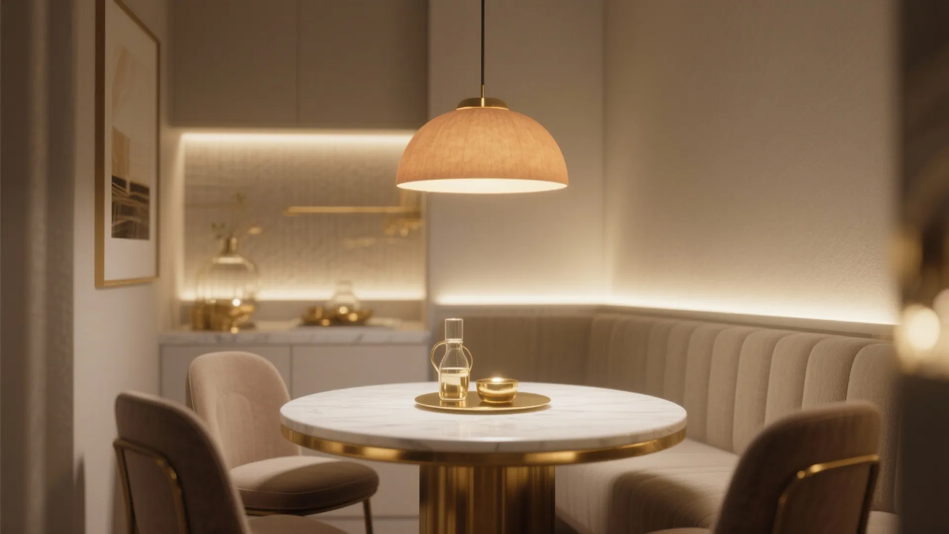 Small dining table with a warm-toned pendant highlighting gold accents in a cozy setting