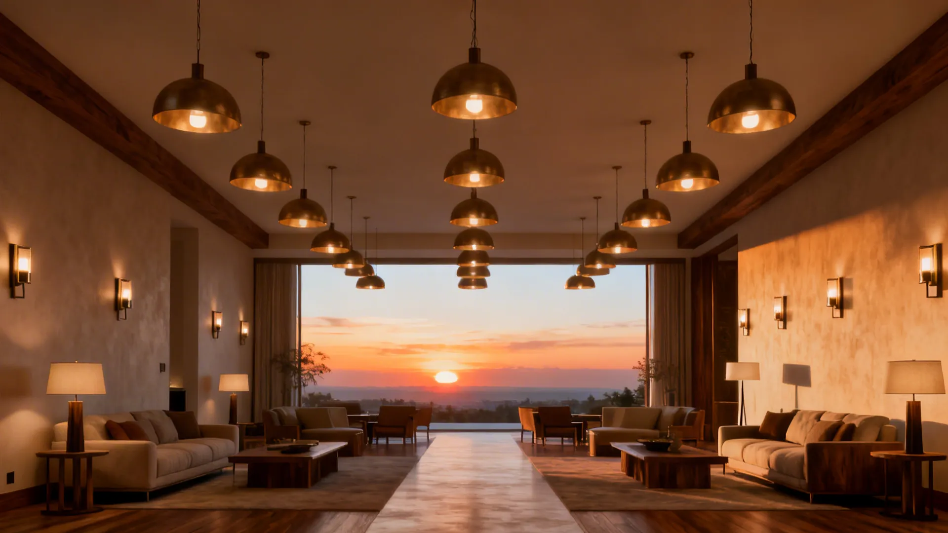 Large modern lounge with many dome ceiling lights sofas coffee tables and a sunset view