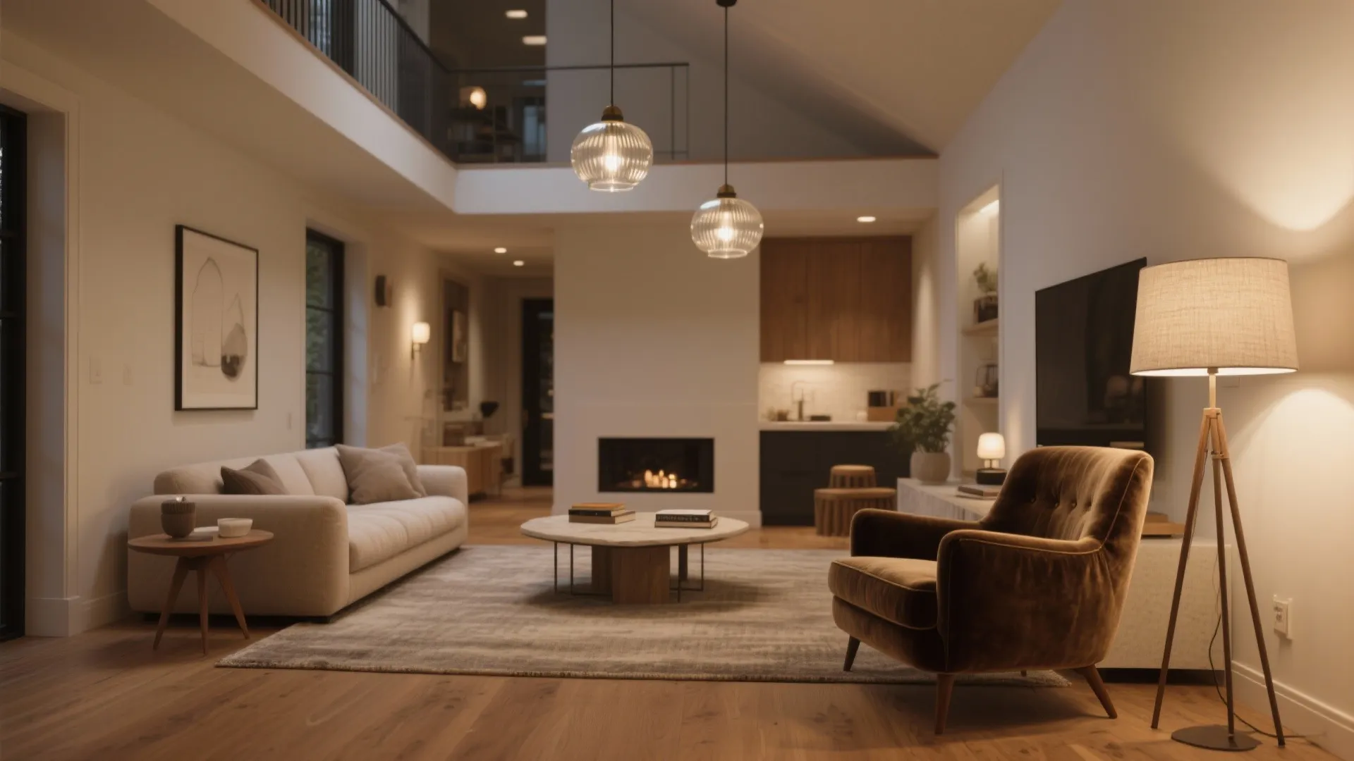 Living room with brown armchair floor lamp white sofa marble table and glass light fixture