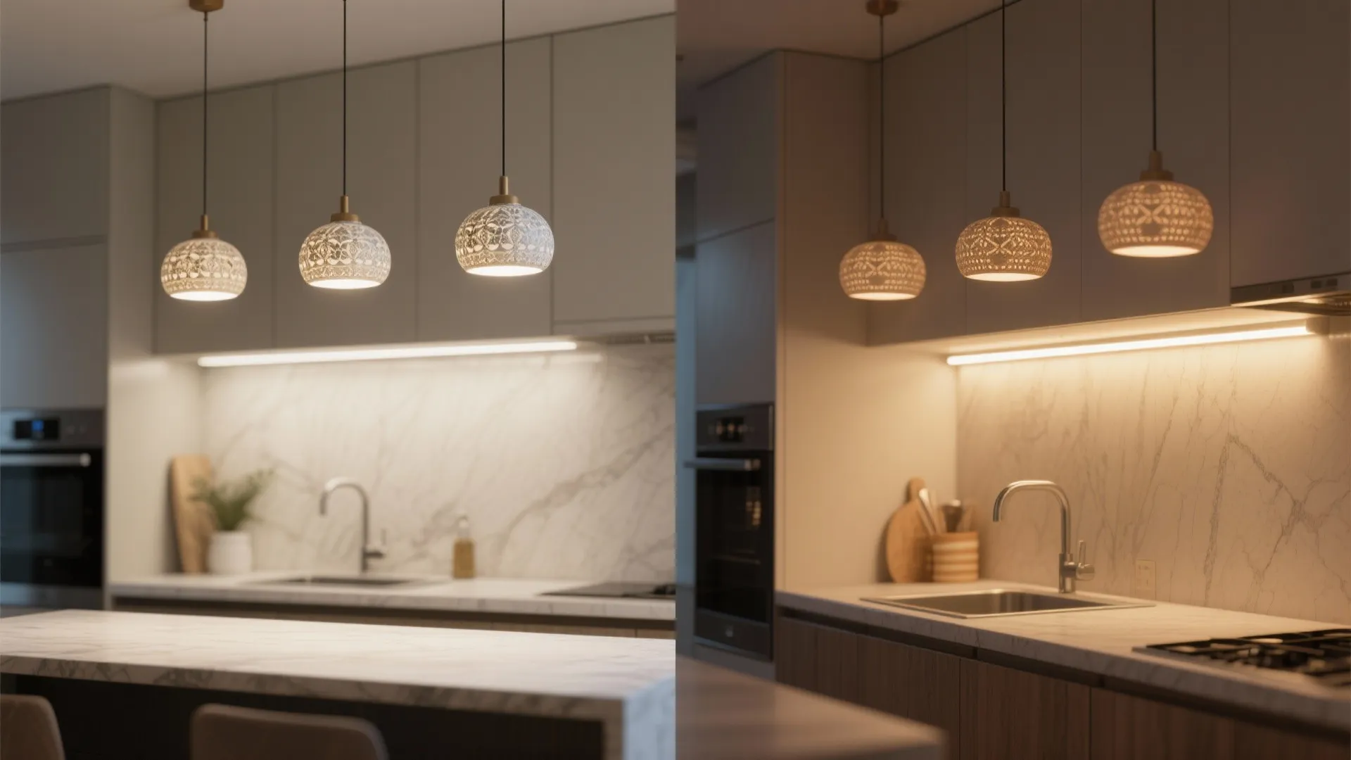 5. Mix small pendants with under-cabinet strips