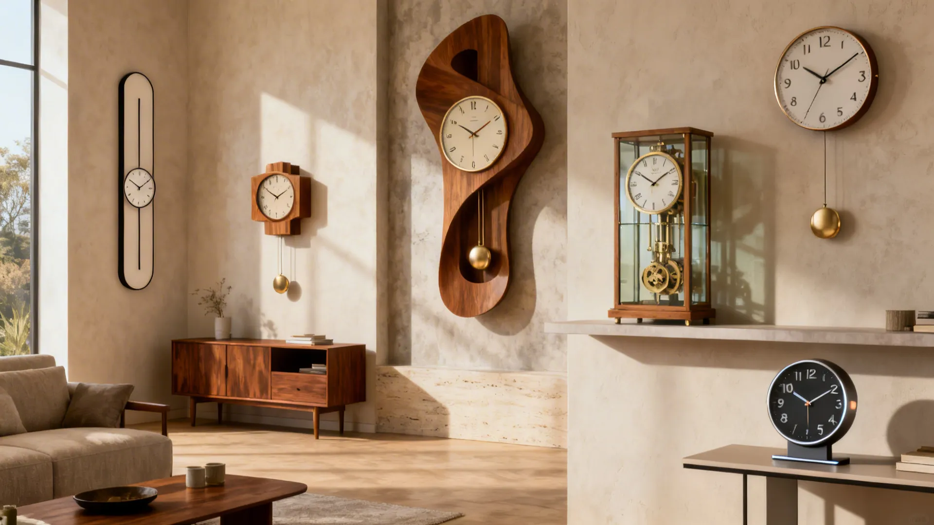 Living room scene featuring various modern wall clocks and wooden cabinet in bright natural light