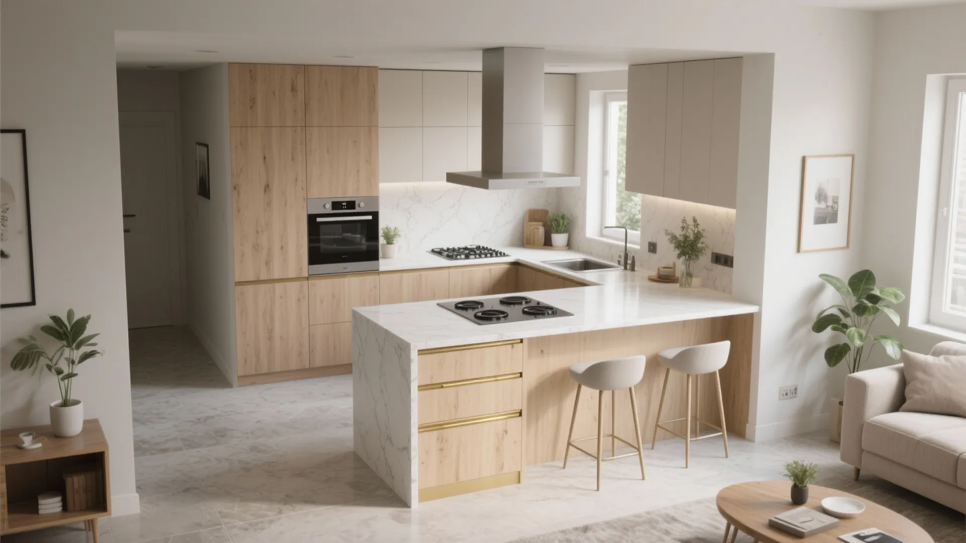 Open-plan living with a compact peninsula kitchen