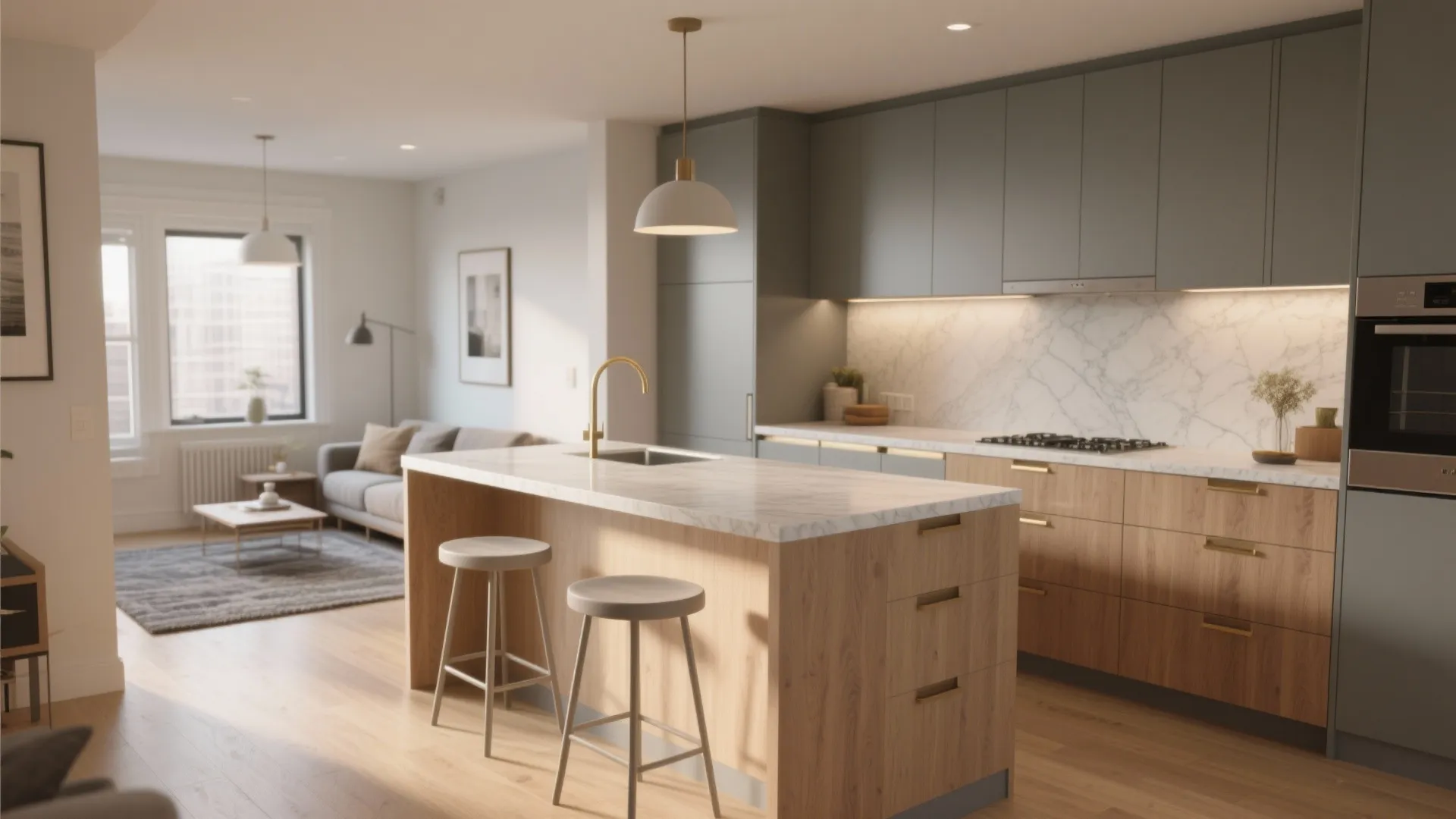 A compact peninsula with two stools gently divides a small kitchen and living room.