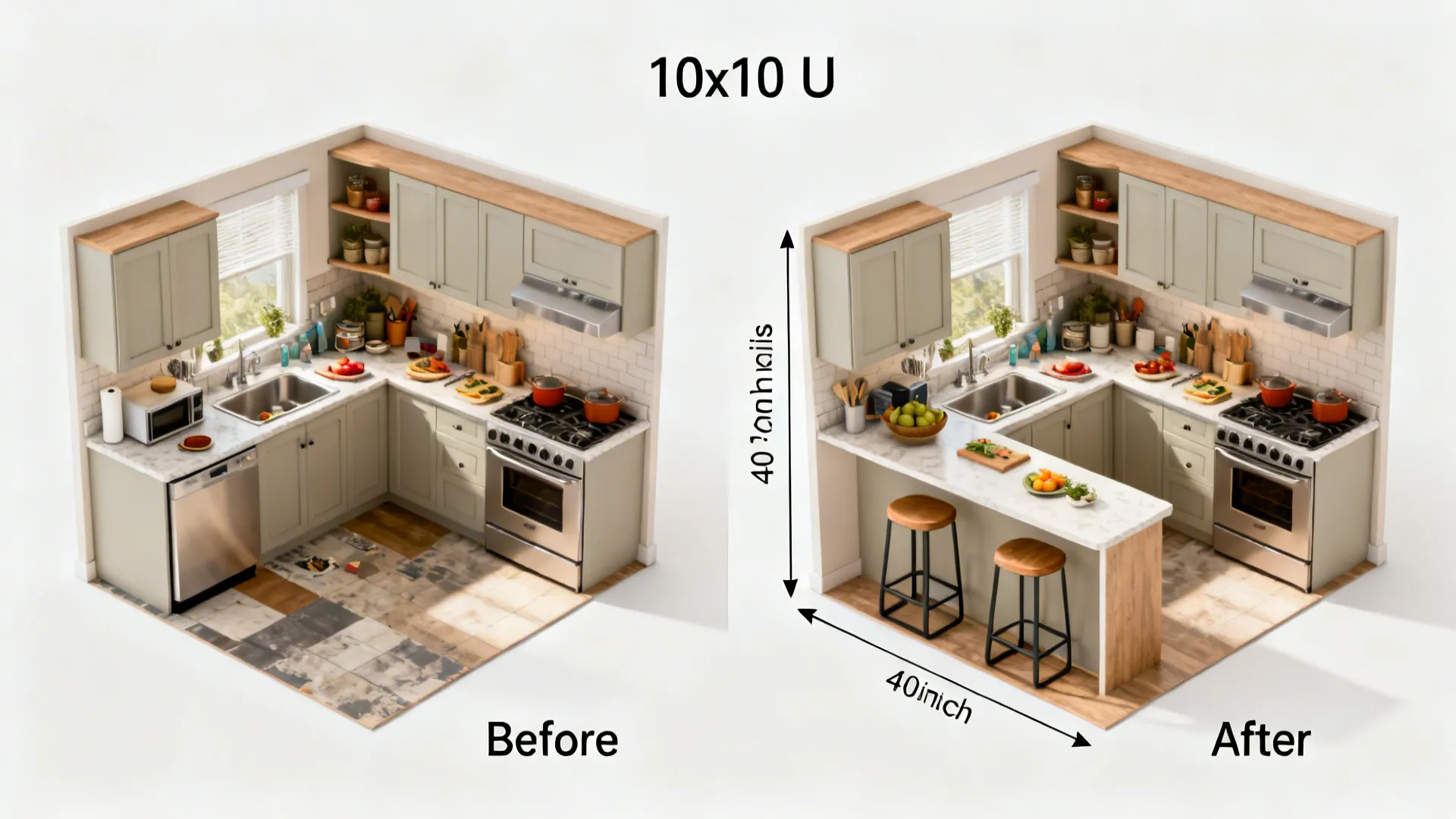 Before-after of a 10x10 U kitchen adding a slim peninsula for seating and better flow.