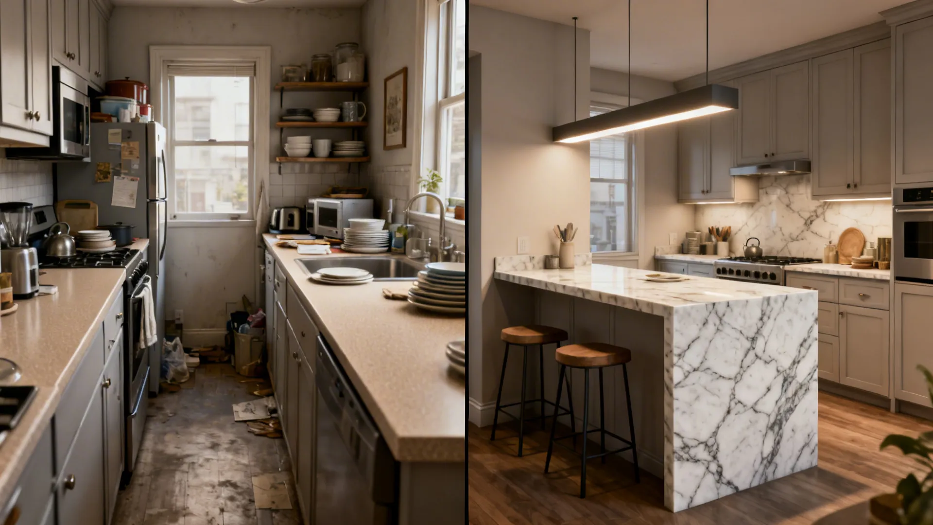 Before-and-after of a small kitchen upgraded to a veined quartz peninsula with seating.