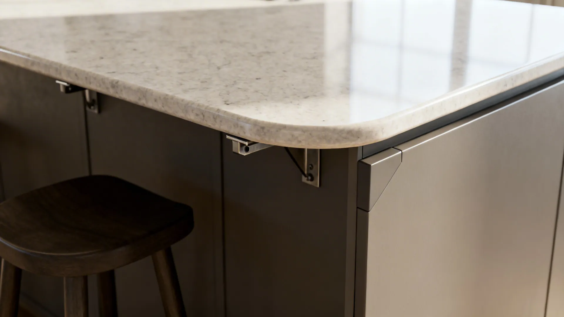 Close-up of a peninsula’s 12-inch quartz overhang with hidden steel support and refined edge.