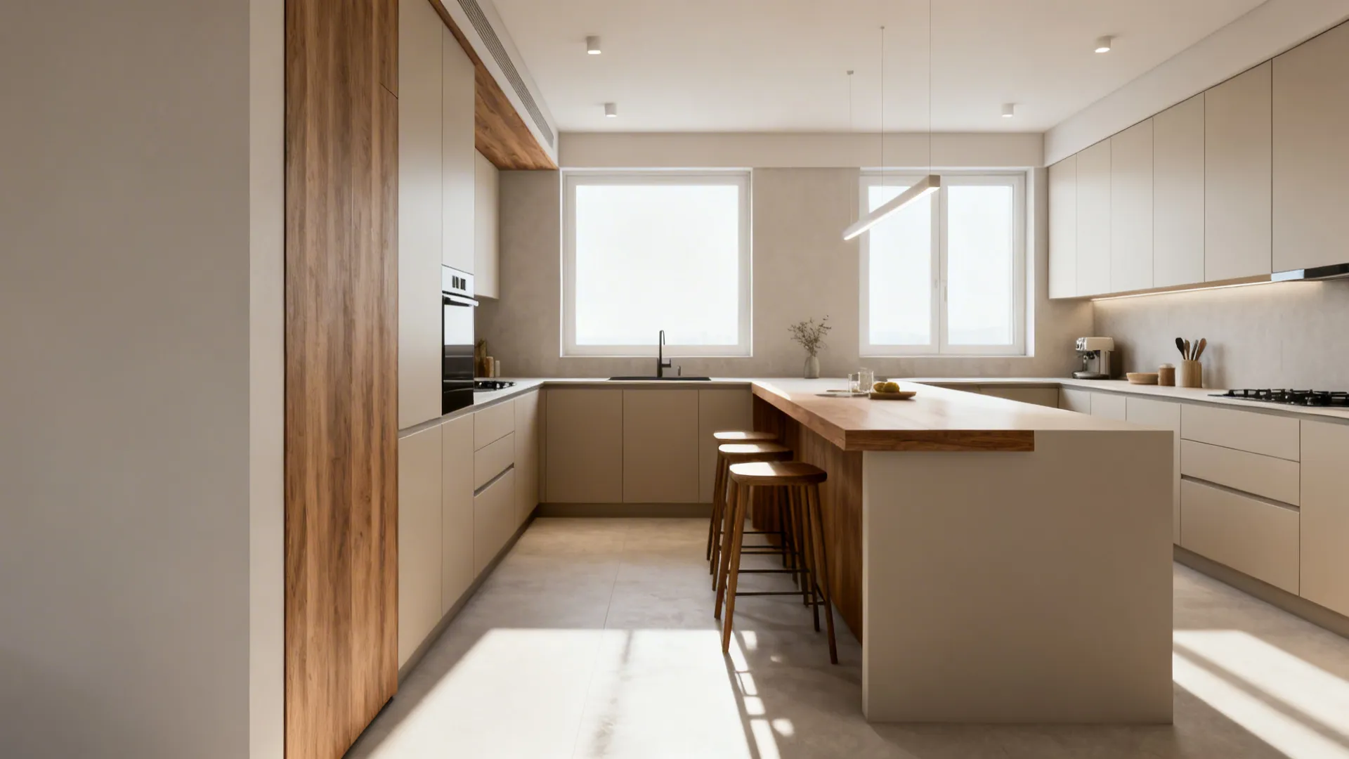 L-shaped kitchen with a peninsula extending the countertop and overhang seating for casual dining.