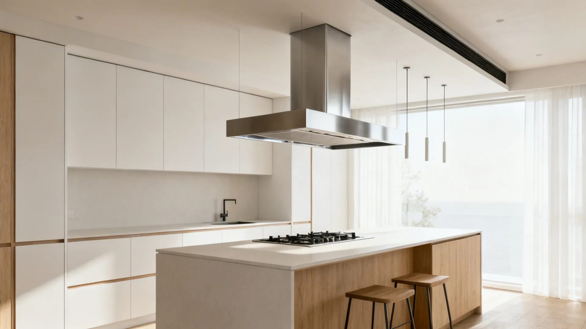 Galley kitchen with a wide canopy hood over a peninsula and a short duct run in a clean soffit.