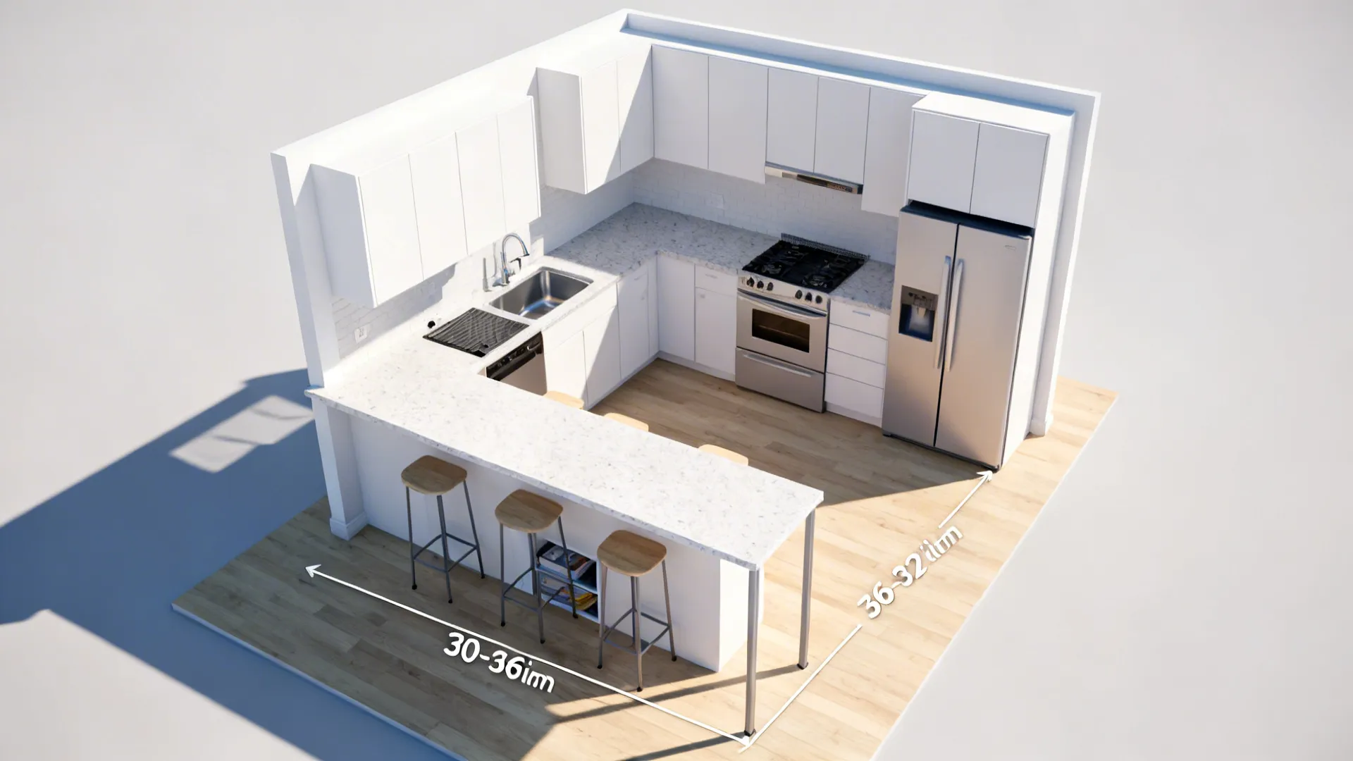 Top-view of a compact kitchen with a peninsula and clear center corridor with mapped seating.