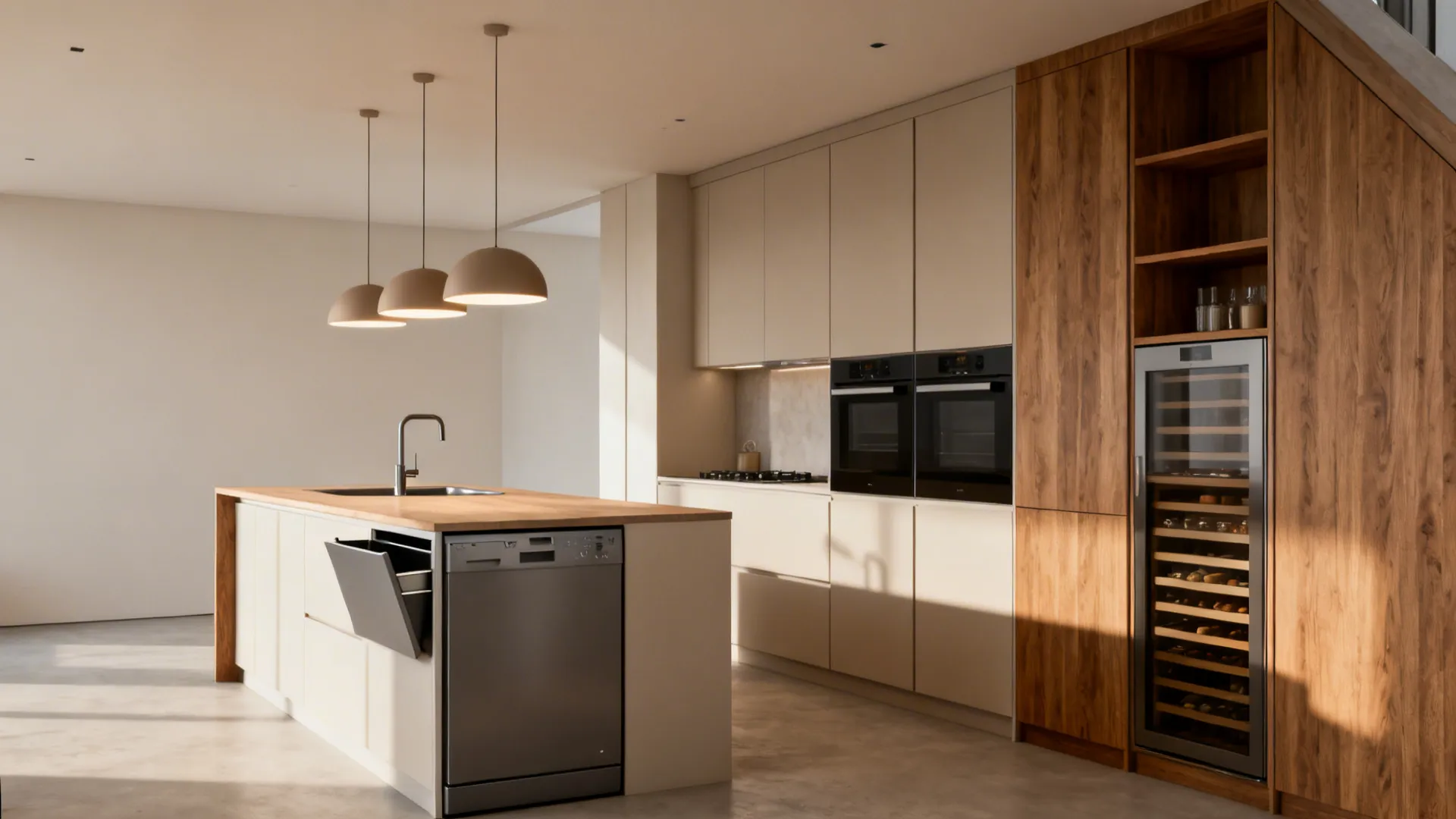 Kitchen island with dishwasher, three dome ceiling lights, wooden cabinets, wine cooler, and natural light
