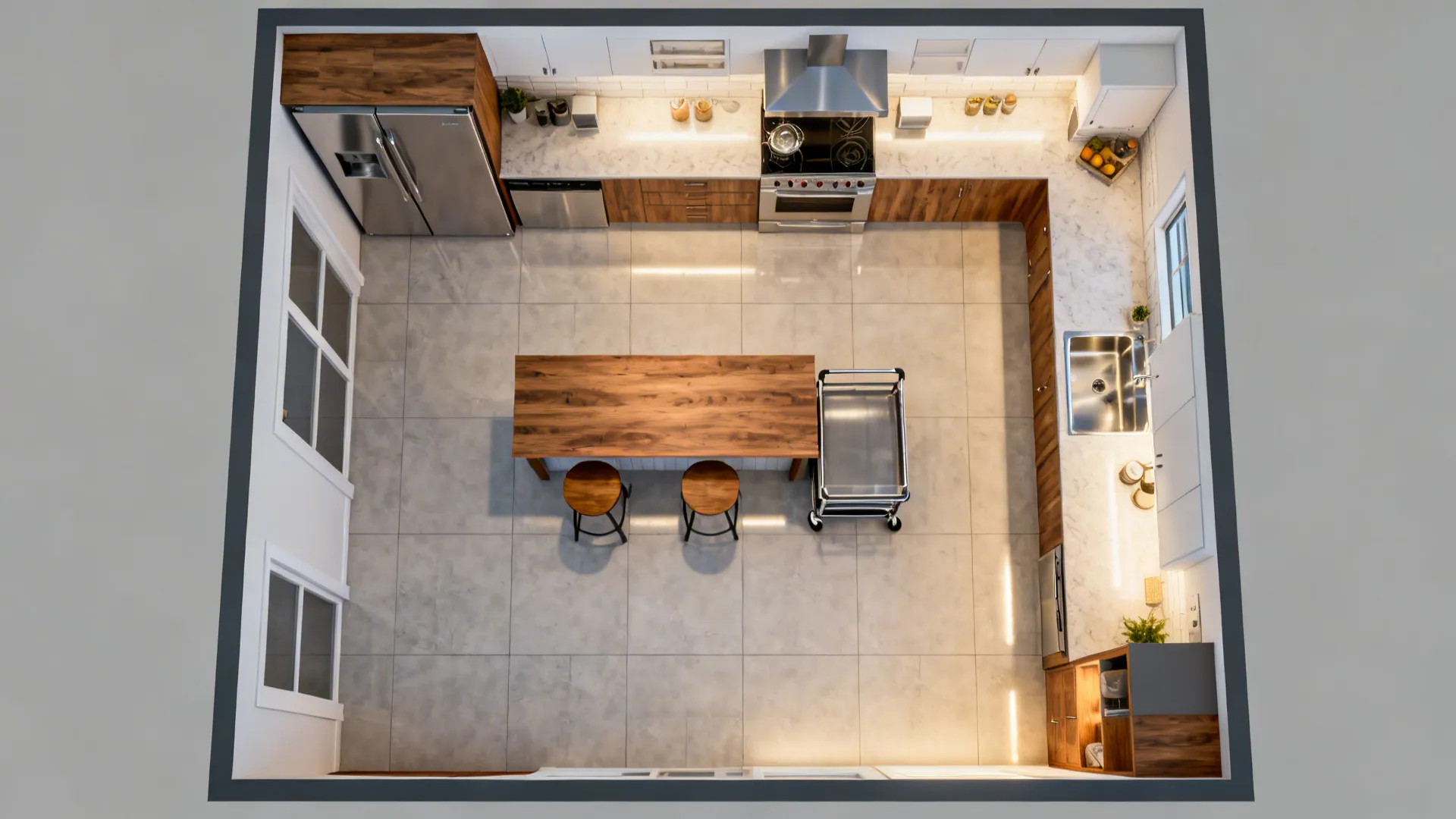Top-down layout showing aisle clearances around a slim peninsula and rolling cart in a 9x10 kitchen.