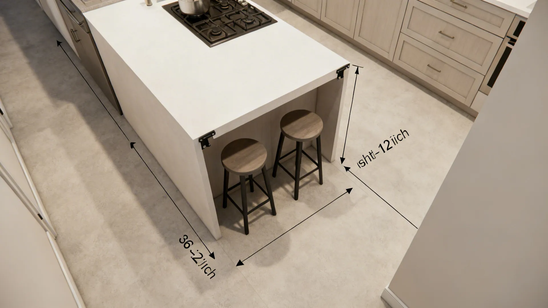 Top-down view showing aisle clearances around a compact peninsula with two stools.