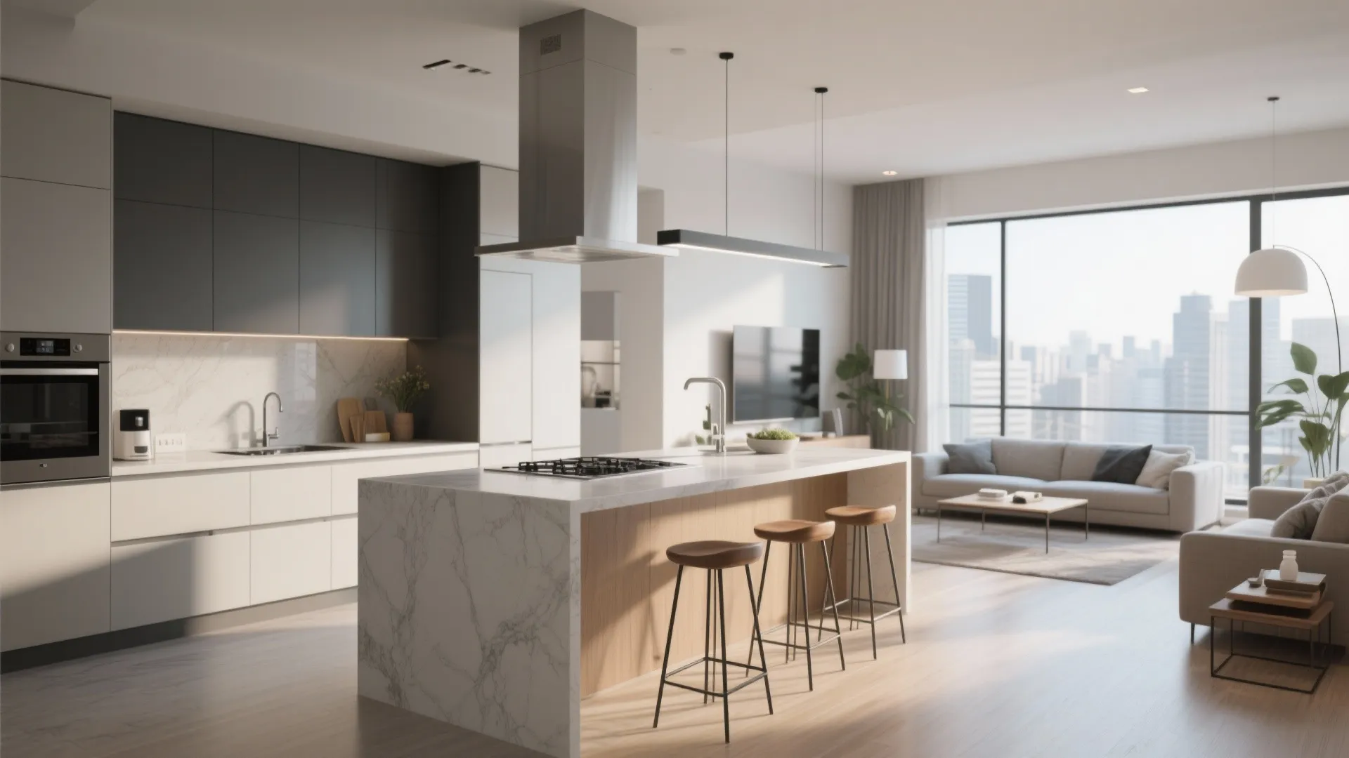 Open plan kitchen with white marble island wooden stools grey cabinets and city view windows