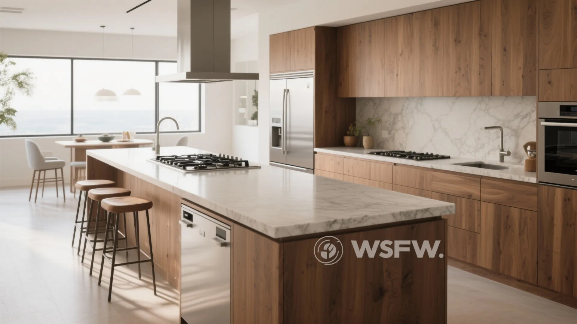Large kitchen with long marble island wooden cabinets silver fridge and stools in a bright room