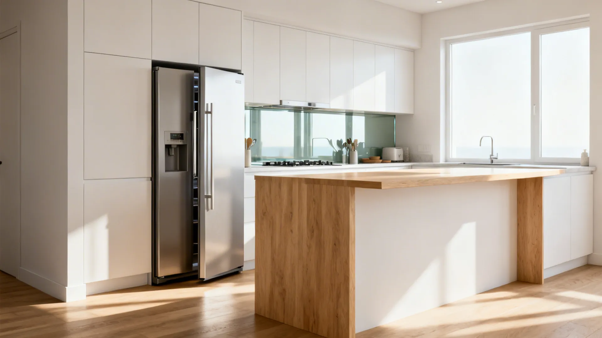 Bright kitchen with white cabinets a large wooden island stainless steel fridge and a window