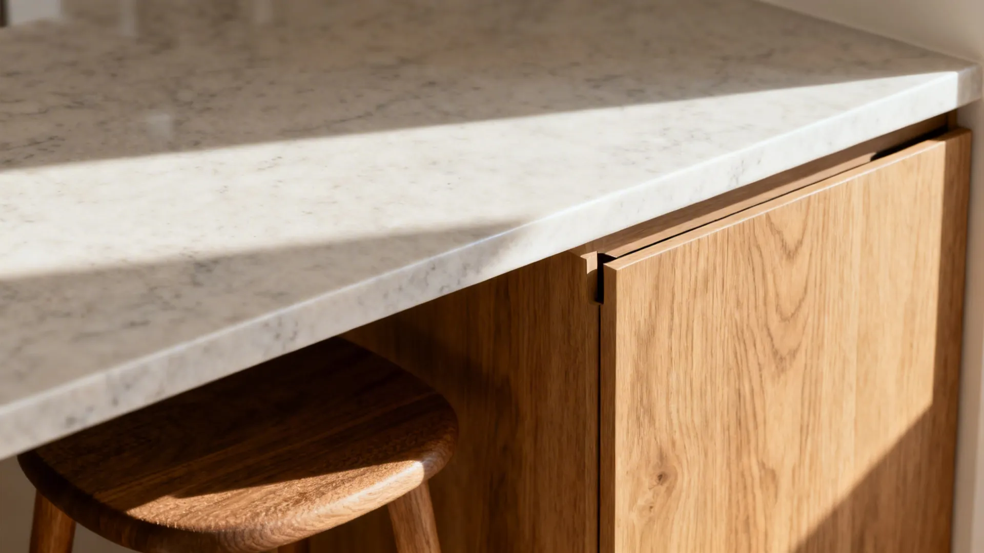 Close up view of white marble kitchen island with light wood cabinets and wooden stool