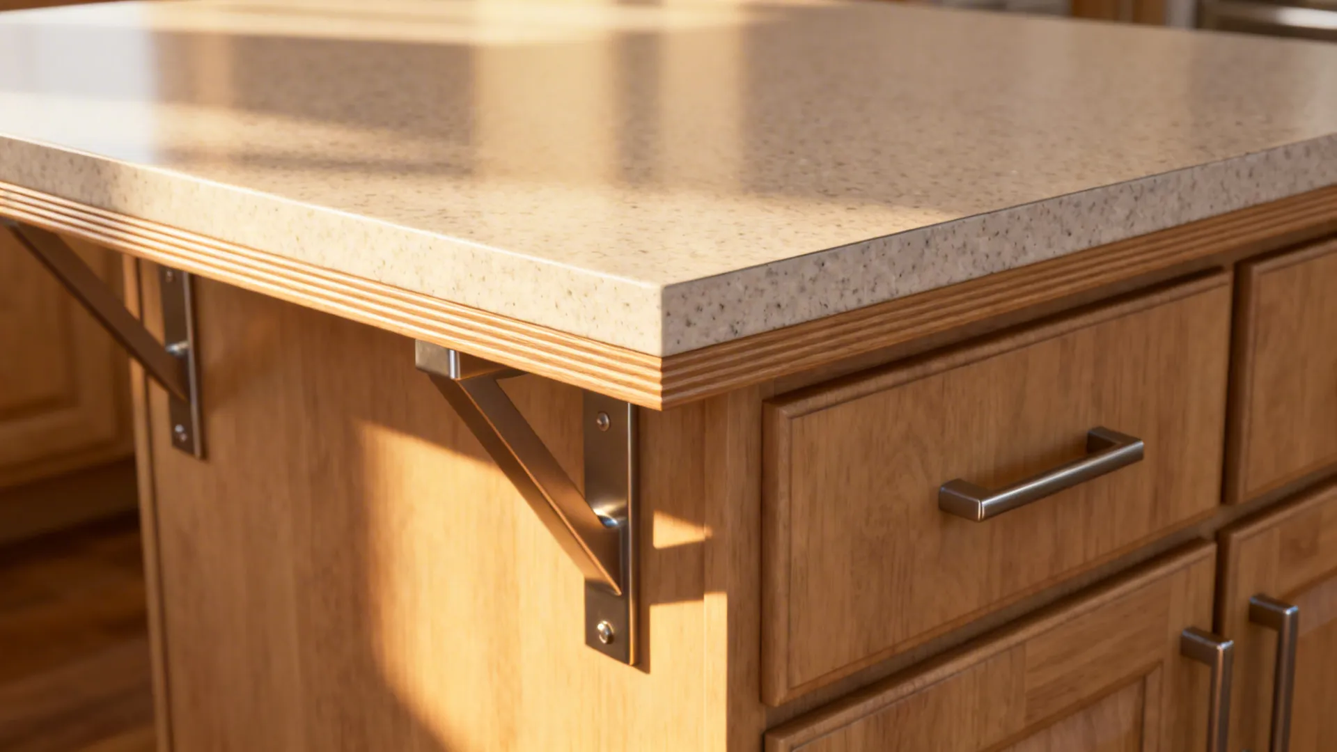 Close-up of a laminate peninsula with waterfall brackets and warm wood cabinetry.