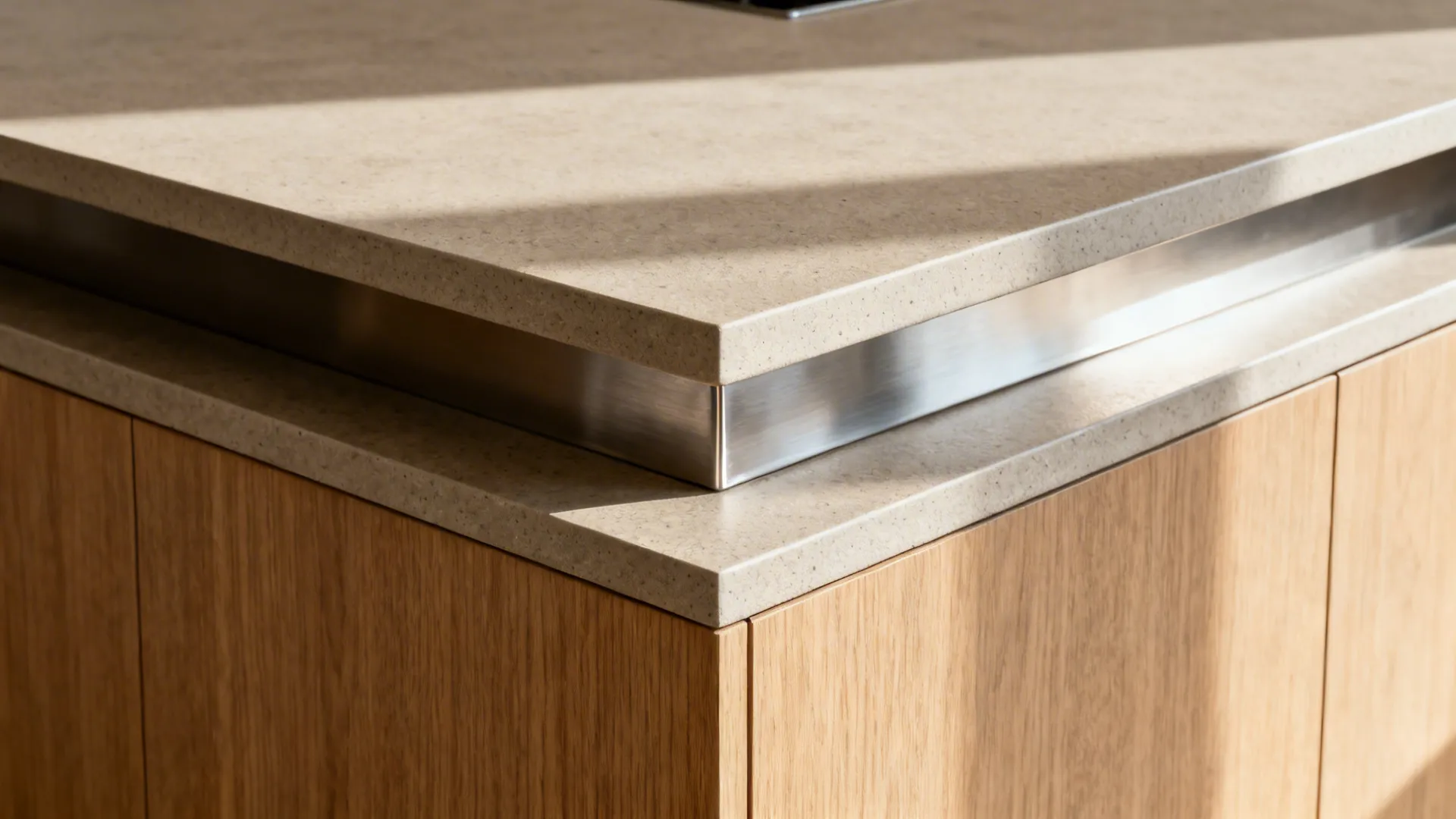 Macro of mitered two-level peninsula with concealed steel support under overhang.