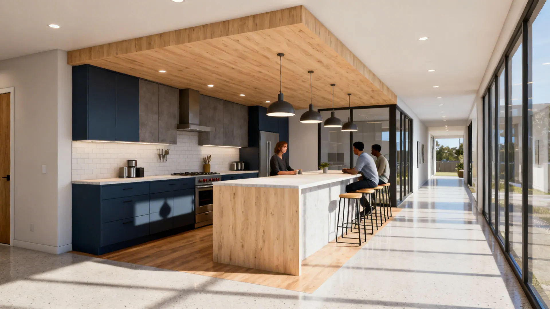 L-shaped kitchen with a peninsula and counter-height stools creating a casual dining area.