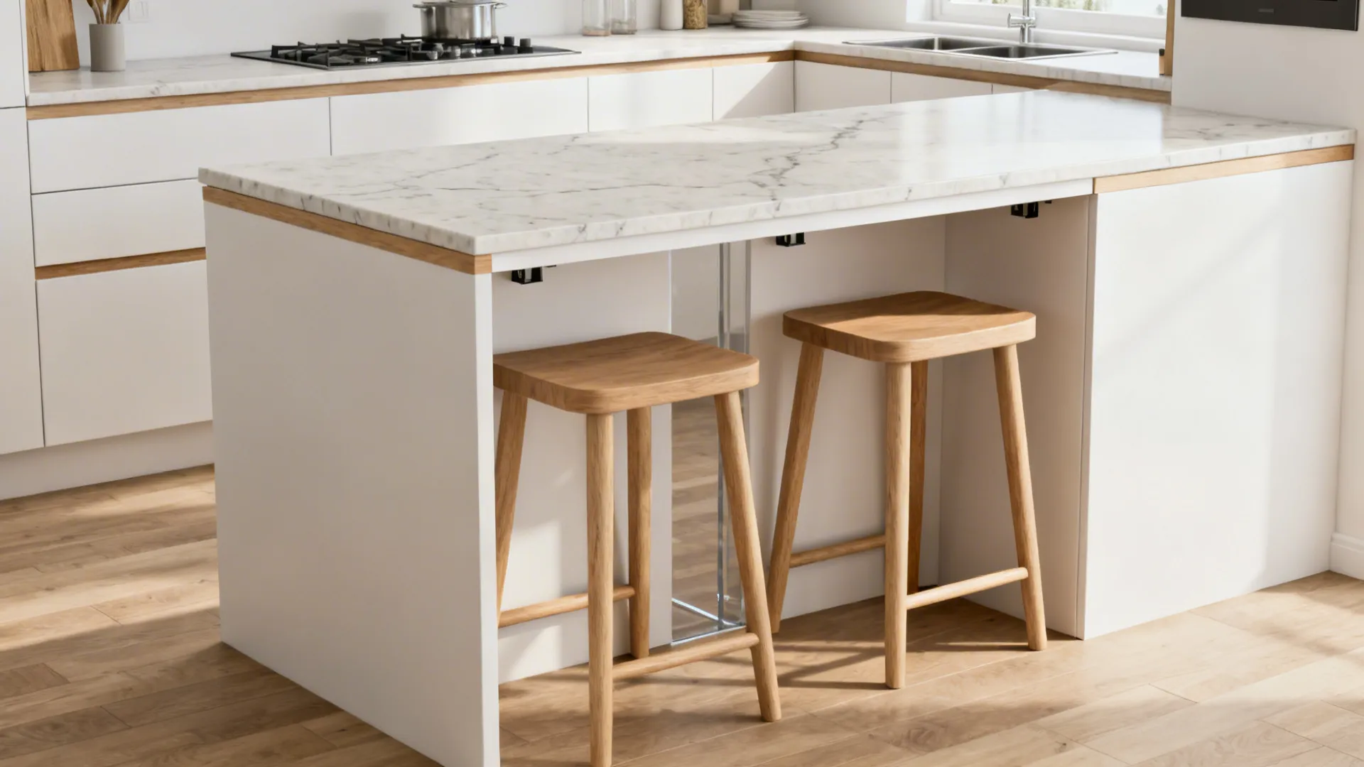 Small kitchen peninsula with a subtle overhang and two tuck-in backless stools in soft daylight.