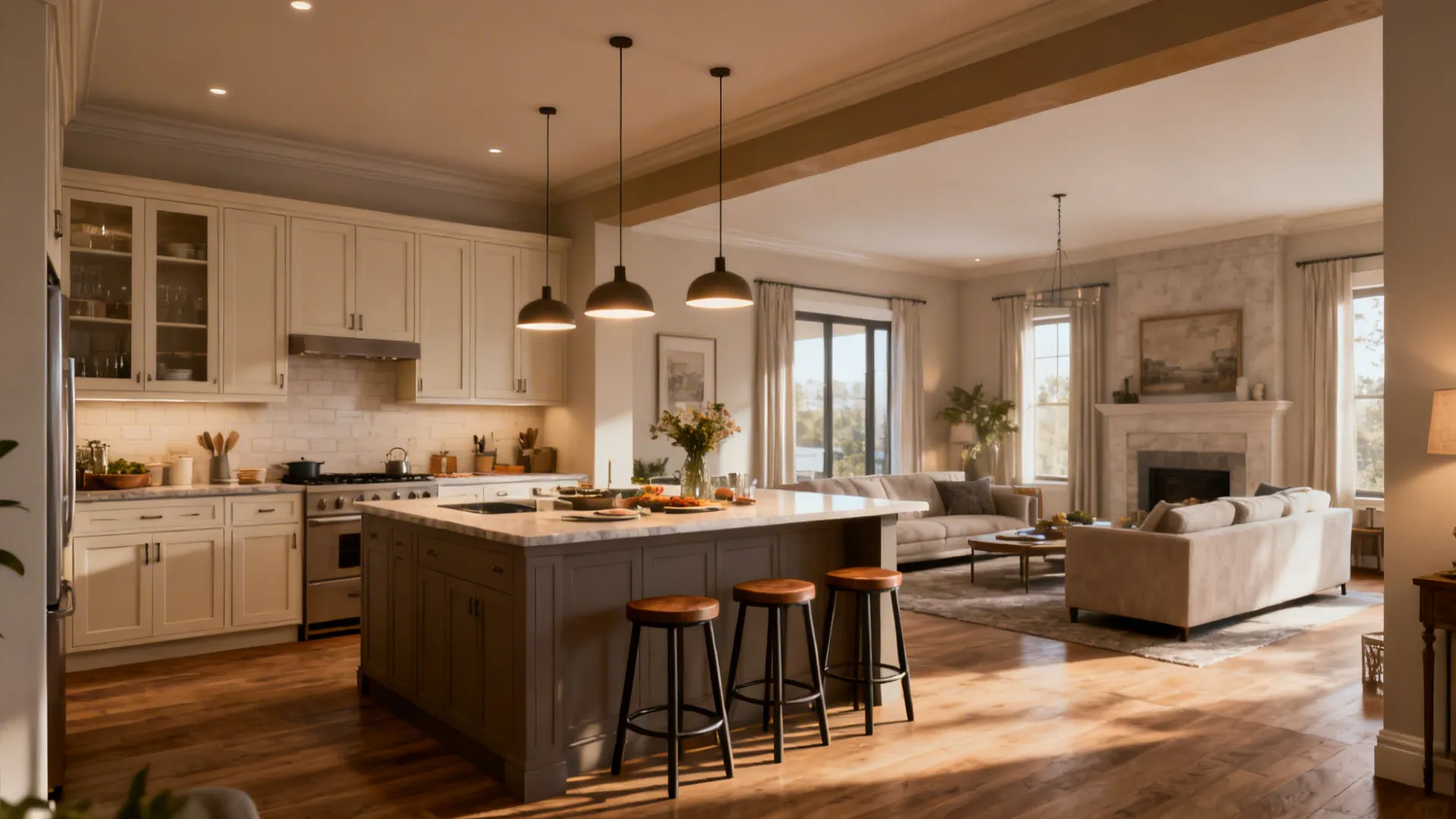 Kitchen island with wooden stools black ceiling lights and open living room with a sofa