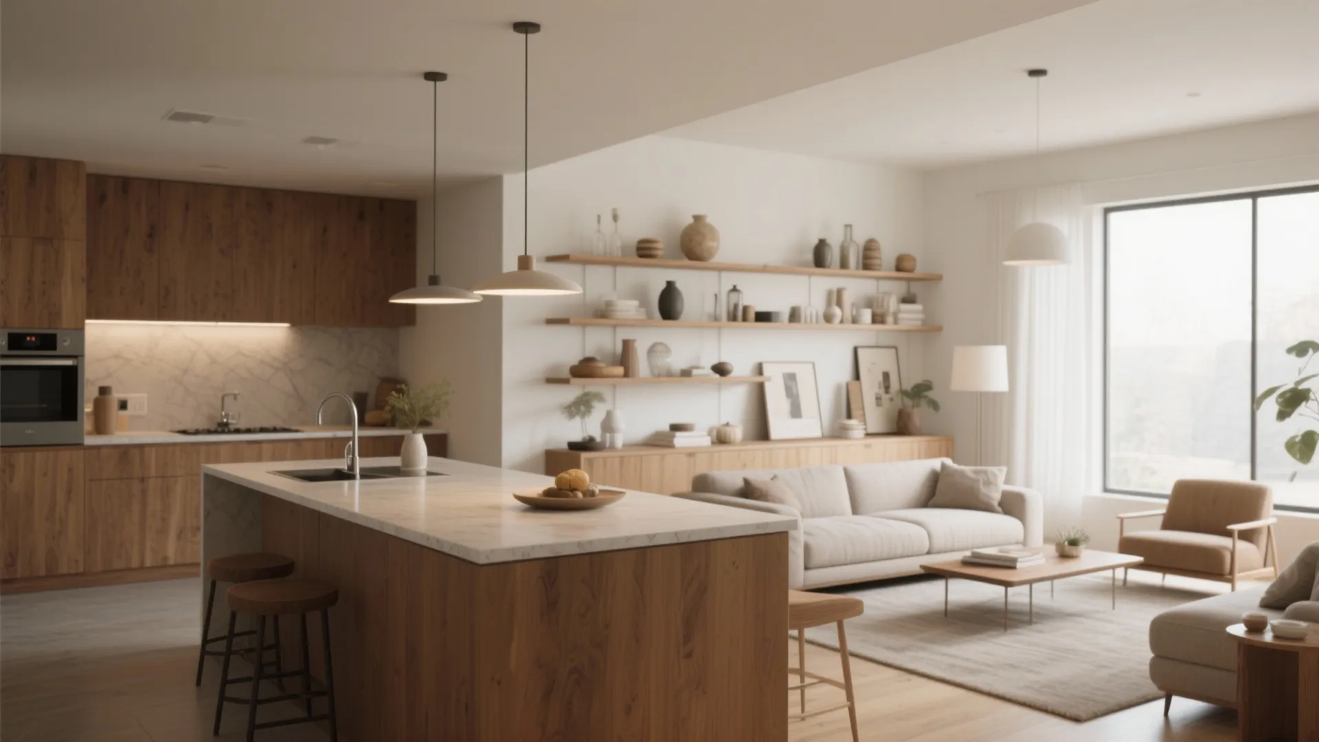 3. Peninsula as Room Divider with Open Shelving