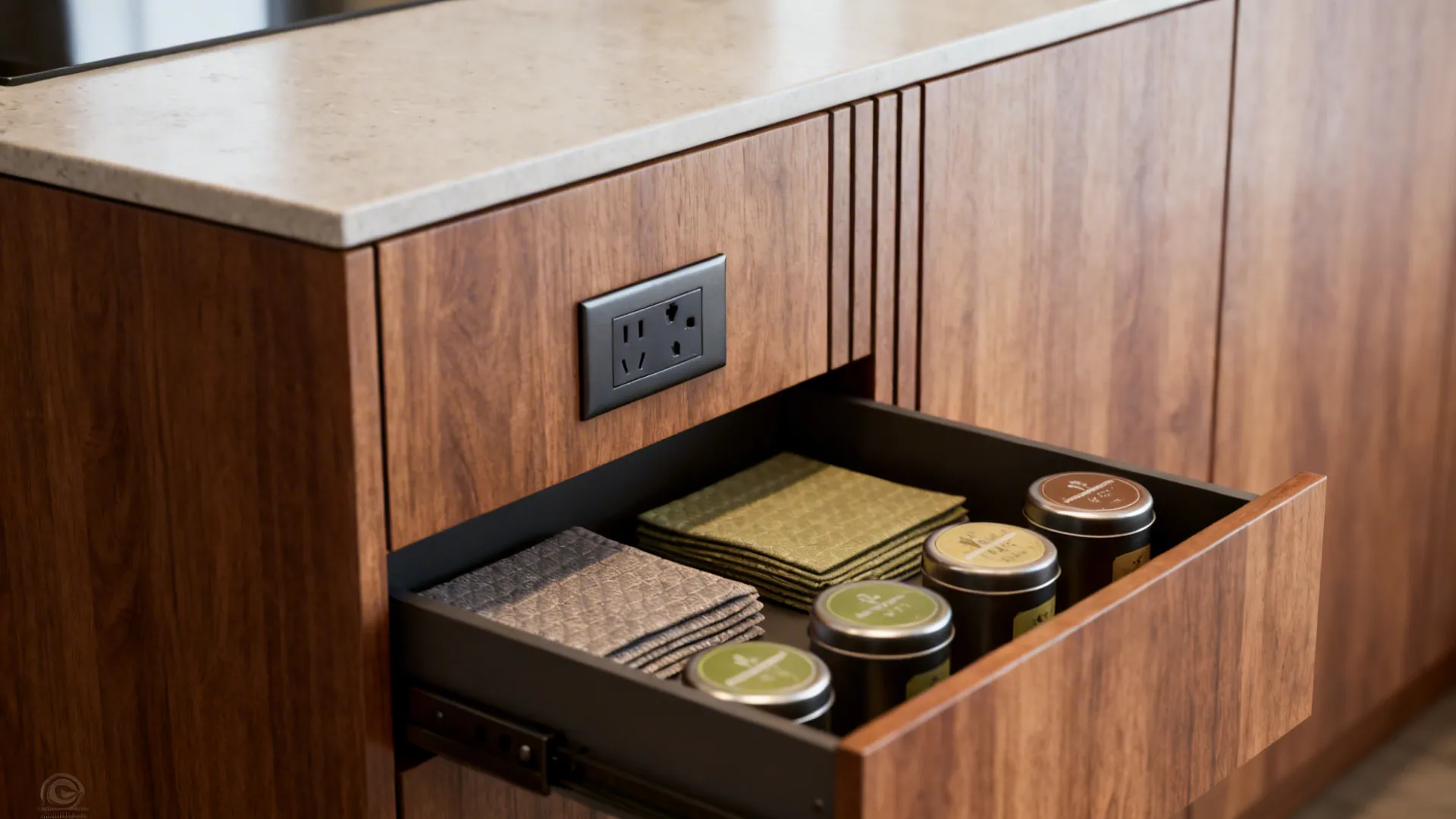 Wooden kitchen cabinet with black power outlet plus open drawer storing small tea tins napkins