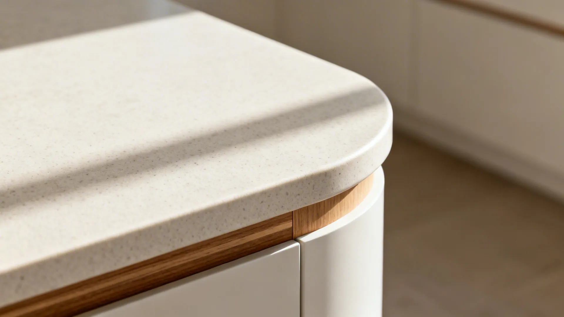 Macro of a rounded pale quartz peninsula edge with a slim wood band.