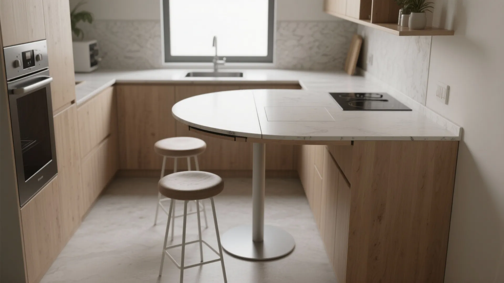 Round drop-leaf table attached to a slim kitchen counter acting as a mini-peninsula with stools tucked underneath.