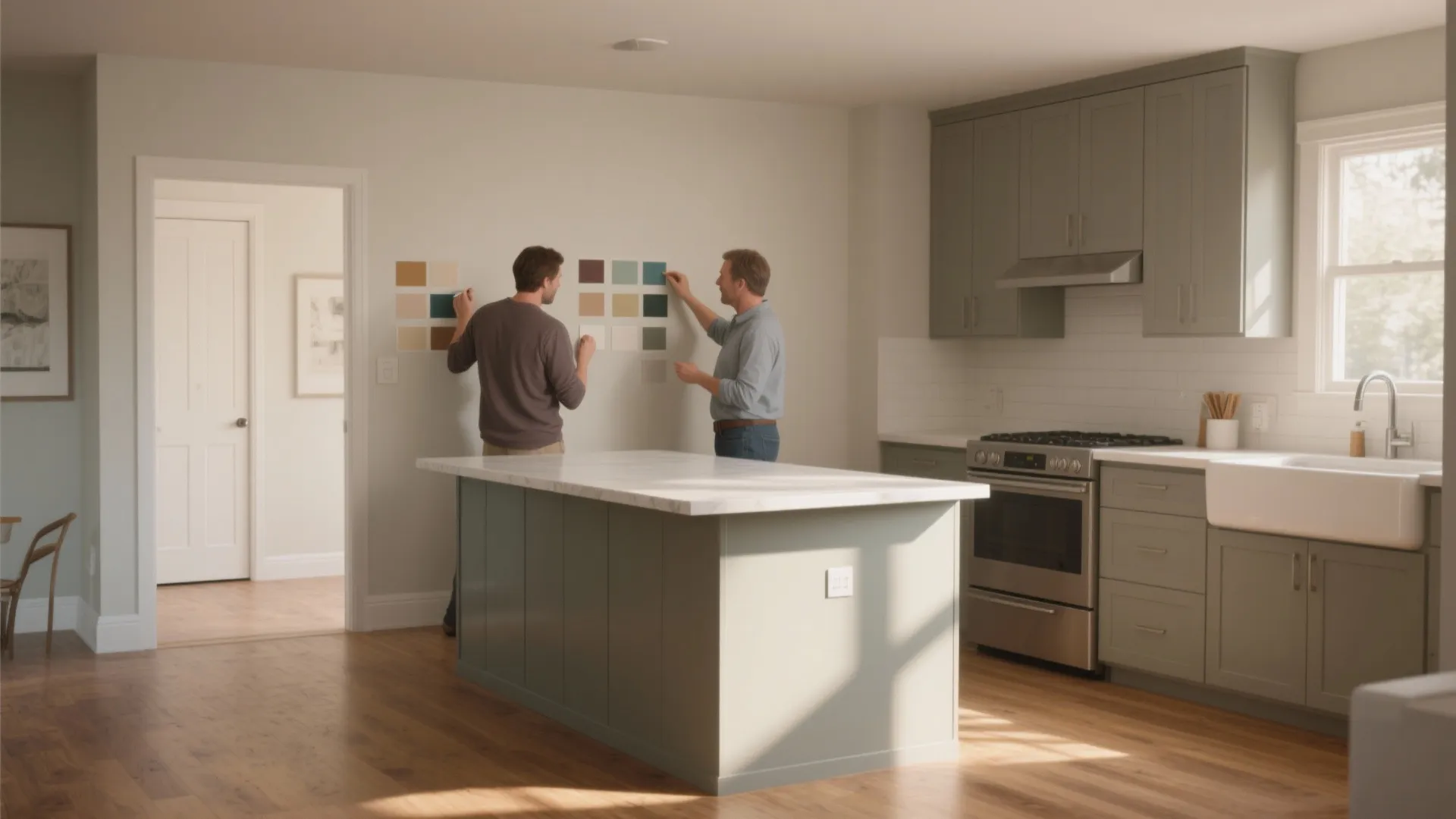 Two men choosing paint colors from wall swatches in a kitchen with a large island