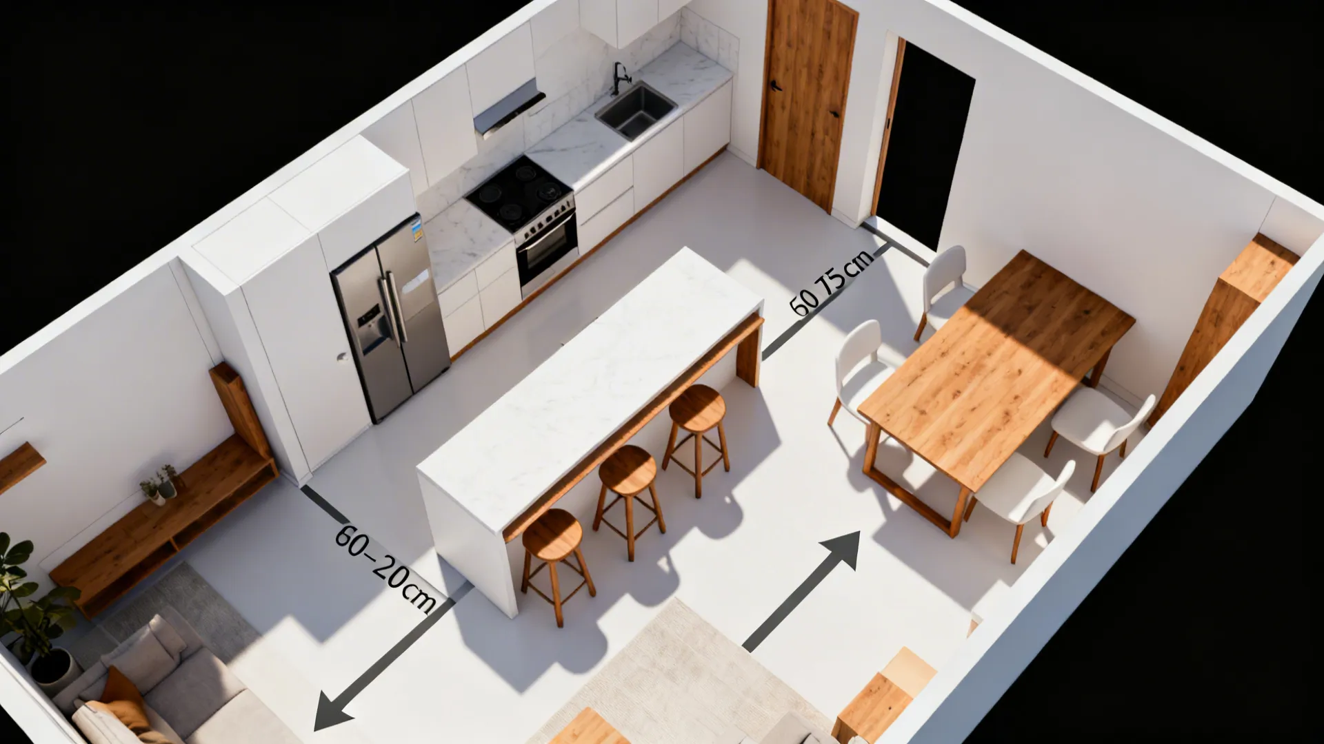 Top-down view shows clear walkways around a slim peninsula and dining area.