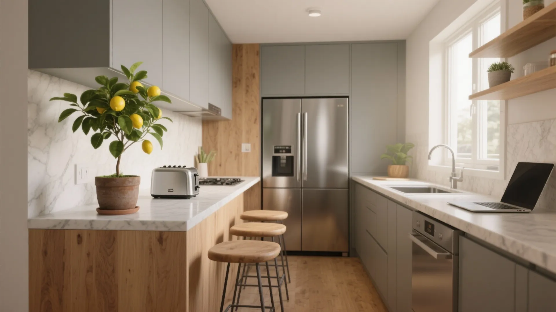 Modern kitchen featuring grey cabinets wood island stools stainless steel fridge and a small lemon tree