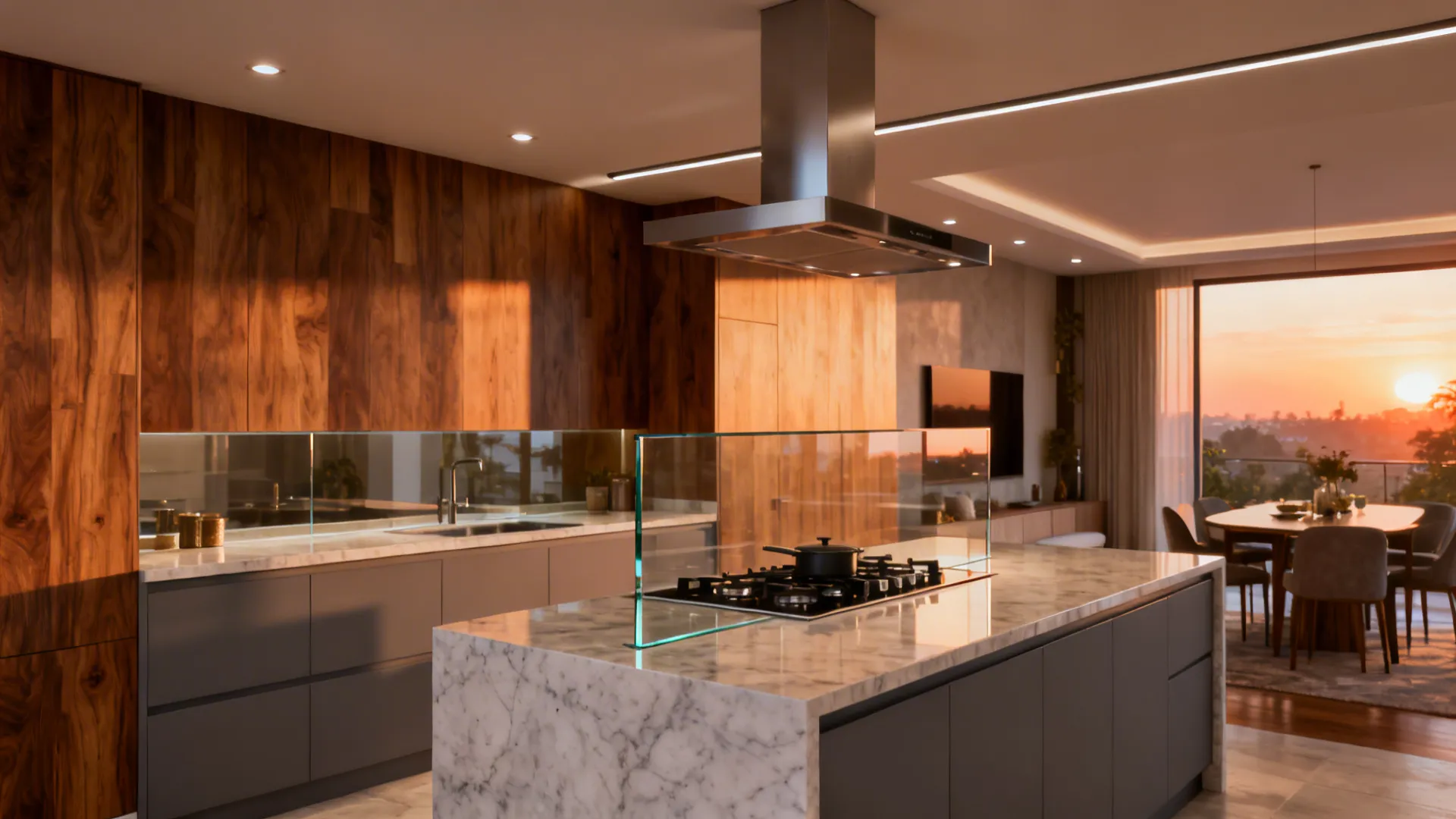 Open-plan peninsula kitchen with a slim island chimney and clear glass backsplash riser.